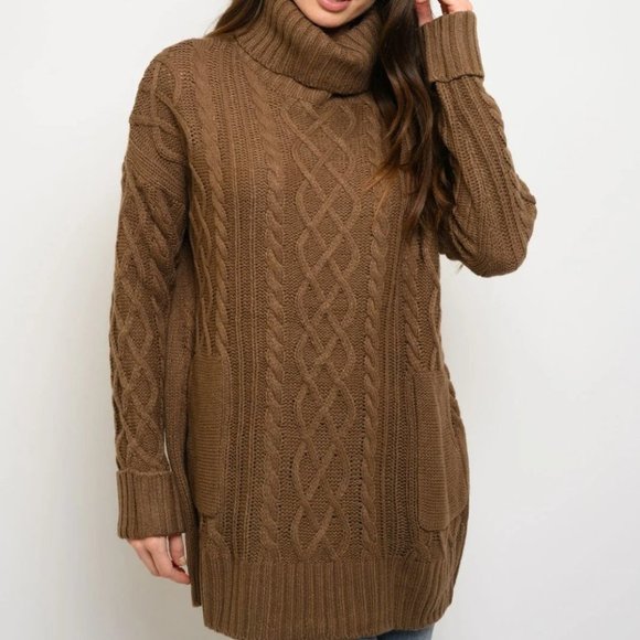 WOMEN'S LONG SLEEVE KNIT TURTLE NECK POCKETS SWEAT - Picture 3 of 4